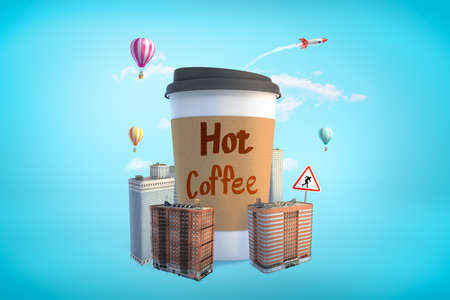 3d rendering of paper coffee cup with city skyscrapers and hot air balloons on blue backgroundの写真素材