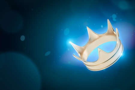 3d rendering of golden crown on dark neon blue backgroundの写真素材