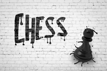 3d rendering of white brick wall with title CHESS and big black melting pawn smashed into wall.の写真素材