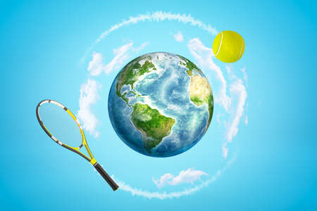 3d rendering of colored earth globe with tennis racket and ball on blue sky backgroundの写真素材