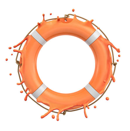 3d rendering of orange lifebuoy ring splashing isolated on white backgroundの写真素材