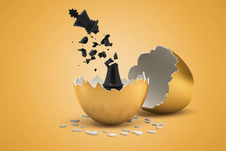 3d rendering of black chess king broken into pieces hatching out of golden egg on yellow backgroundの写真素材
