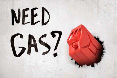 3d rendering of red gasoline can breaking white wall with Need gas sign on white background.