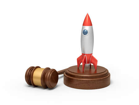 3d rendering of silver red space rocket on round wooden block and brown wooden gavelの写真素材