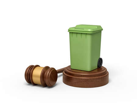 3d rendering of green trash bin on round wooden block and brown wooden gavelの写真素材