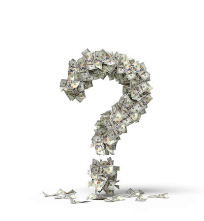 3d rendering of question mark made up of dollar banknotesの写真素材