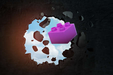 3d closeup rendering of purple toy blocks punching hole in black wall with sky peeking through.の写真素材