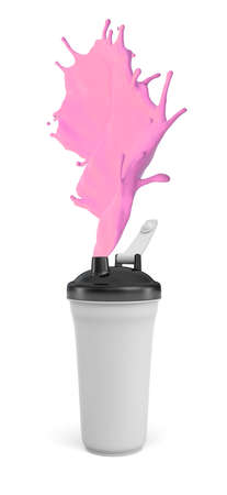 3d rendering of white plastic shaker with pink liquid spilling isolated on white backgroundの写真素材