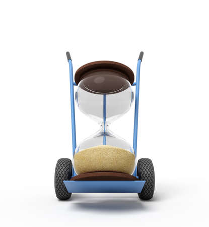 3d rendering of sand glass on a hand truck. Digital art. Time planning. Business and management.の写真素材