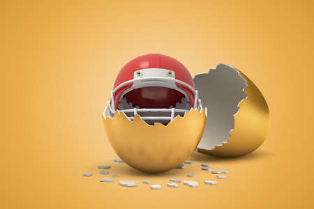 3d rendering of American football helmet that just hatched out from golden egg. Sports equipment. Active sports. Favorite pastimes.の写真素材