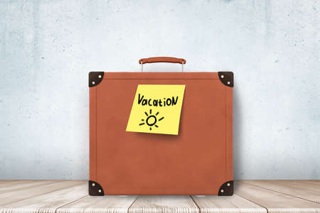 3d rendering of brown retro suitcase with yellow Vacation sign on wooden floor and white wall background. Digital art. Objects and materials. Travel and leisure.の写真素材