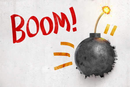 3d rendering of ball bomb with fuse breaking white wall with Boom sign on white backgroundの写真素材