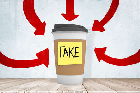 3d close-up rendering of paper cup with yellow post-it note saying TAKE