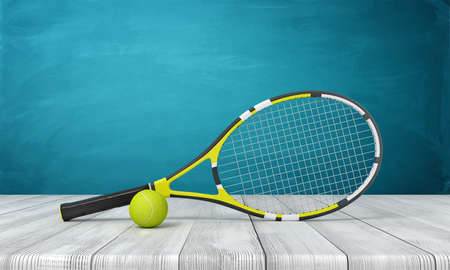 3d rendering of tennis racket and yellow tennis ball on white wooden floor and dark turquoise backgroundの写真素材