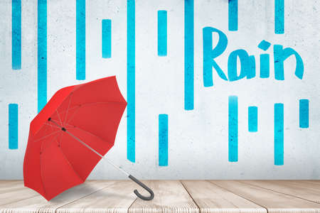 3d rendering of red umbrella with blue Rain sign and hand drawn rain pattern on white wall backgroundの写真素材