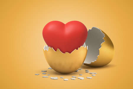 3d rendering of cute red heart that just hatched out from golden egg.の写真素材