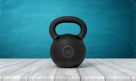 3d rendering of five 32 kg kettlebell on white wooden floor and dark turquoise backgroundの写真素材