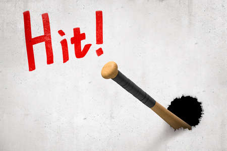 3d rendering of concrete wall with title Hit and baseball bat that has broken hole in the wall and is sticking out of it.の写真素材