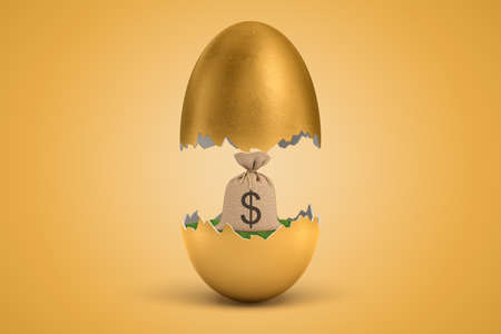 3d rendering of money sack hatching out of golden egg on yellow background. Banking and finance. Business success. Money and savings.の写真素材