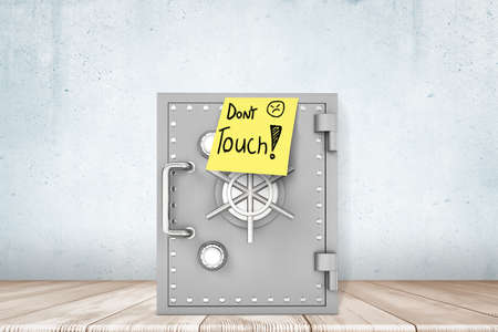 3d close-up rendering of closed metal safe with yellow post-it note saying Dont Touch, standing against concrete wall on wooden floor.の写真素材