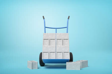 3d rendering of stack of grey hollow bricks on blue hand truck with several bricks lying on ground on light-blue background.の写真素材