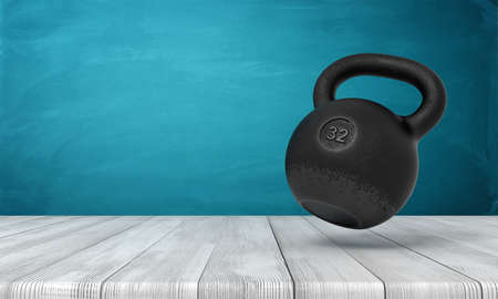 3d rendering of five 32 kg kettlebell on white wooden floor and dark turquoise backgroundの写真素材