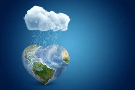 3d rendering of white rainy cloud above heart shaped earth model on blue backgroundの写真素材