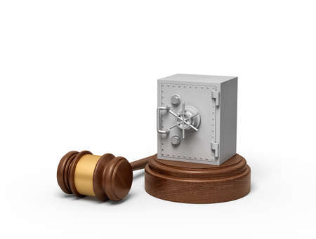 3d rendering of metal bank safe on round wooden block and brown wooden gavelの写真素材