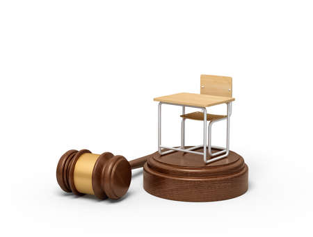 3d rendering of small single seat desk standing on brown sound block with gavel lying beside block.の写真素材