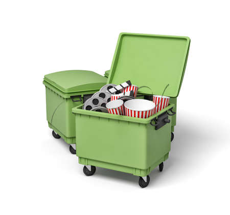 3d rendering of green trash bins with popcorn buckets, film reels and movie clapper insideの写真素材