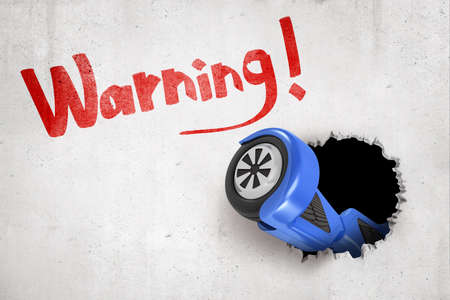 3d rendering of blue hoverboard breaking white wall with red Warning sign