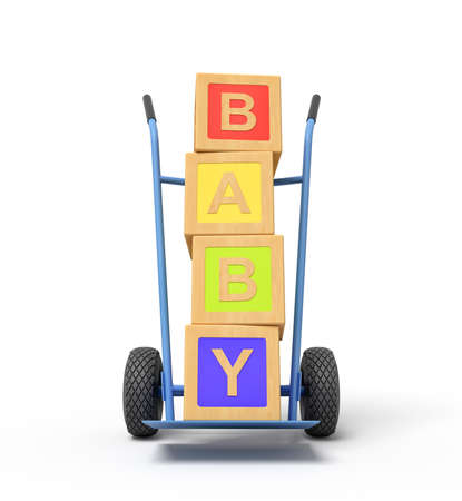 3d rendering of colorful alphabet toy blocks showing BABY sign on a hand truckの写真素材