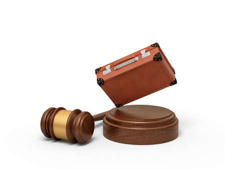3d rendering of brown retro suitcase on round wooden block and brown wooden gavelの写真素材