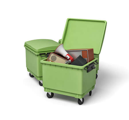3d rendering of green trash bins with vintage tv set, radio and megaphone insideの写真素材