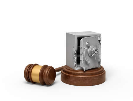 3d rendering of broken damaged metal bank safe on round wooden block and brown wooden gavelの写真素材