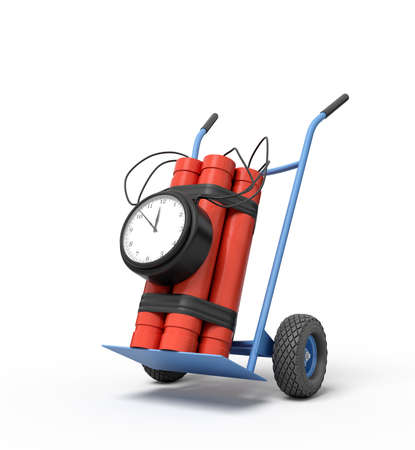 3d rendering of big dynamite bundle with time bomb on blue hand truck. Time is up. Deadline is approaching. Time is priceless.の写真素材
