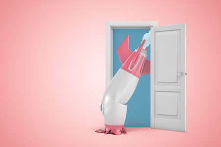 3d rendering of a white open doorway with broken damaged space rocket on light pink backgroundの写真素材