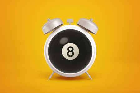 3d close-up rendering of light-grey alarm clock with big black snooker ball with number 8 on it instead of clockface on yellow background.の写真素材