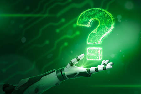 Robotic hand and neon question mark on green backgroundの写真素材