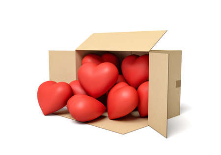 3d rendering of open cardboard box lying sidelong with cute red hearts inside and several outside.の写真素材