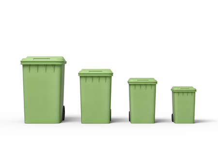 3d rendering of four green trash cans in a row according to size from biggest to smallest.の写真素材