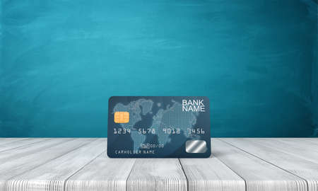 3d rendering of dark blue plastic bank card on white wooden floor and dark turquoise backgroundの写真素材