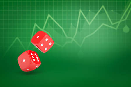 3d rendering of two red casino dice on green diagram lined backgroundの写真素材