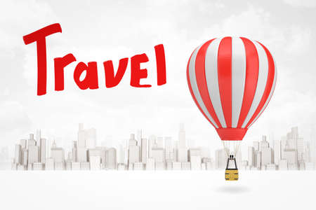 3d rendering of white red hot air balloon with red Travel sign on white city skyscrapers backgroundの写真素材