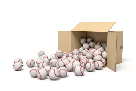 3d rendering of open cardboard box lying sidelong full of baseballs with some balls on floor.の写真素材