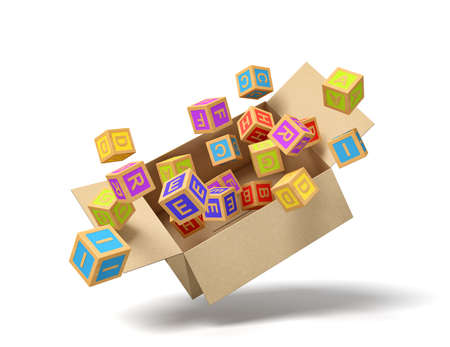 3d rendering of cardboard box full of ABC blocks in mid-air.の写真素材