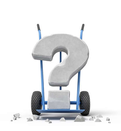 3d rendering of large stone question mark on blue hand truck with big stone crumbs.の写真素材