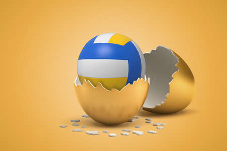 3d rendering of new yellow, blue and white volleyball that just hatched out from golden egg.の写真素材