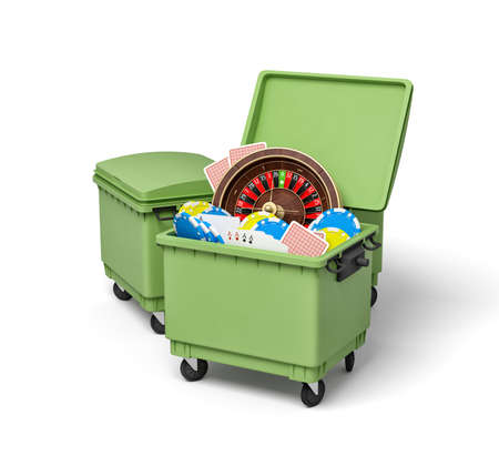 3d rendering of green trash bins with casino roulette, chips and playing cards insideの写真素材