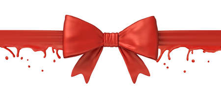 3d close-up rendering of bowknot on red stretched melting ribbon isolated on white background.の写真素材